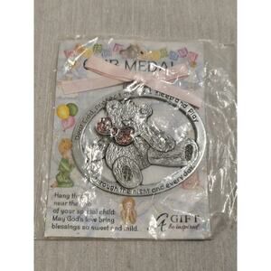 Our Medal - Girls Metal Hanging Prayer Ornament Teddy Bear Pink - NIP